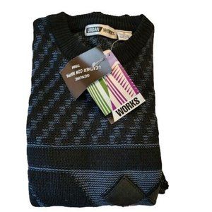 Vintage 90s Grandpa Sweater XL Men Leather Trim Patch CrewNeck Pullover Blue/bla